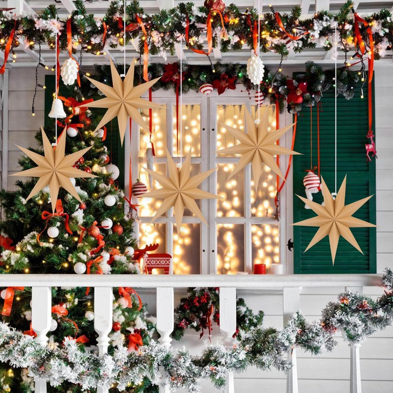 BestoFun 5 PCS Brown Paper Star Lanterns Hanging Stars Christmas