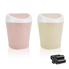 2 Pieces Small Dustbin with Lid, Mini Table Bin with Swing Lid and 4 Rolls of Rubbish Bags, Colourful Mini Rubbish Bin, Table Cosmetic Bin, 10 x 12 x 17 cm, Table Waste Bin for Bathroom, Office (2 Pieces)