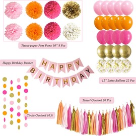 Acidea Pink and Orange Happy Birthday Party Decorations, Hot Pink and Orange Party Decorations, Light Pink Orange Hot Pink Gold Banner Balloons Décor for Women Girls Teens Tassel Garland