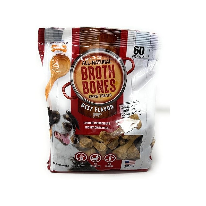 (ONLY GreenFoods) All-Natural Beef Broth Bones Dog Chew Treats. 60