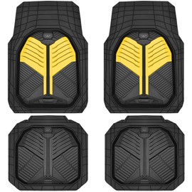 CAR PASS Heavy Duty Rubber Car Mats, Deep Dish Car Floor Mats All Weather, Car Mats Full Set 4-Piece Trim to Fit for Sedans SUVs Trucks, Waterproof Anti-Slip Automotive Mats, V12 Black and Yellow