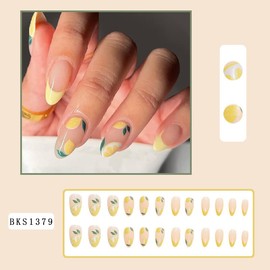 Summer Press on Nails Medium Almond Fake Nails Lemon False Nails Full Cover Acrylic Nails Artificail Stick on Nails for Nails Art Decoration 24Pcs