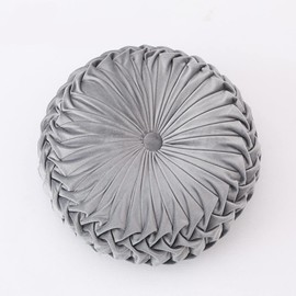 13.7 inch Round Sofa Cushion Pure Color Velvet Home Decor , Pleated Round Cushion, Pumpkin Pillow Suitable for Home Bed car Decoration (Grey)