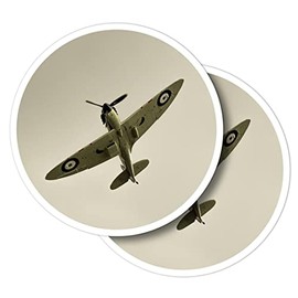 Vinyl Round Stickers (Set of 2) 10cm - Spitfire Vintage War Plane Aircraft for Laptops, Tablets, Luggage, Scrap Booking, Fridges #52112