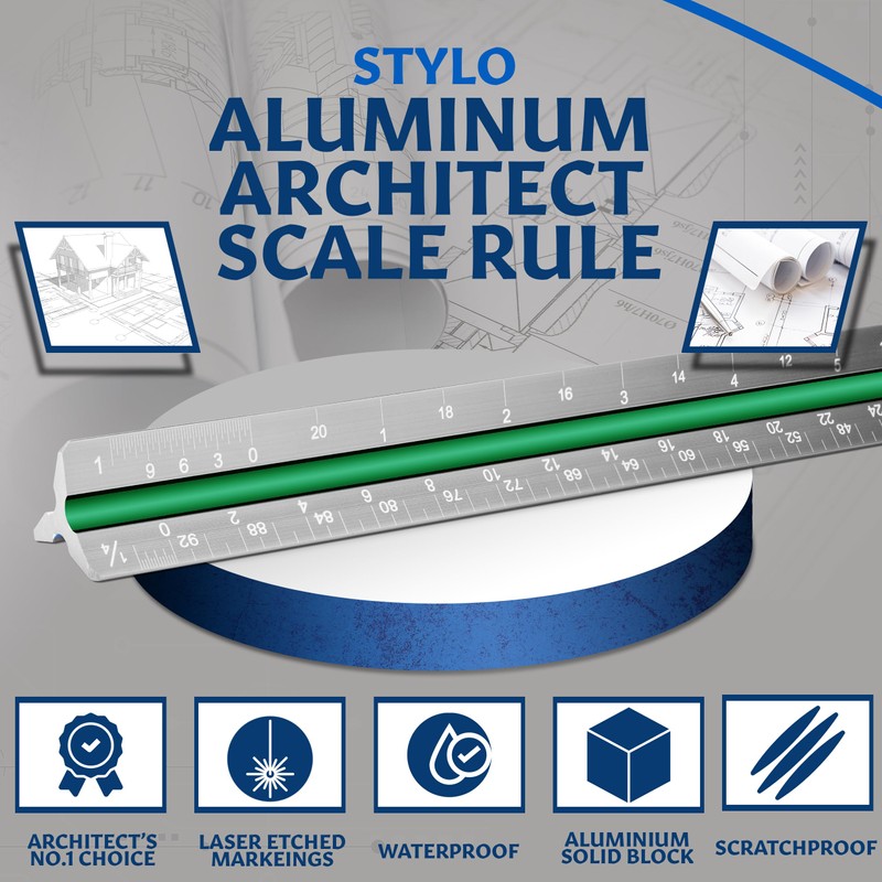 Stylo 12" Aluminum Architect Scale Ruler Laser Etched Triangle Drafting