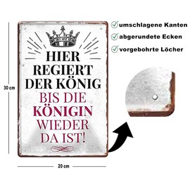 schilderkreis24 Tin Signs Collection 20 x 30 cm - Funny Sayings for Men and Women, Humorous Wall Decoration and Gift Ideas (Here Reigns the King Queen)