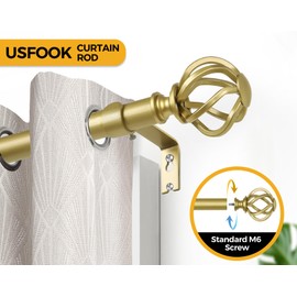 Gold Curtain Rods 32 to 58 Inches (2.6 to 4.8 ft), USFOOK Decorative Curtain Rods for Windows, 7/8 Inch Telescoping Splicing Drapery Rods with Twisted Cage Finials