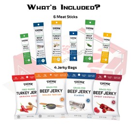 Think Jerky Grass Fed Beef Free Range Turkey Jalapeno Chipotle Sriracha Variety Pack | Snack BOX Care Package (10 Count) | Birthday, Student, Teachers, Back to School, College Gift Baskets Military Gift Ideas
