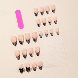 Black French Tip Press on Nails Handmade Fake Nails with 3D Bow Pearl Lace Designs 24 Pcs Medium Almond Reusable Acrylic Nail Full Cover Stick on Nail for Fashion Women No Glue WYFHDT