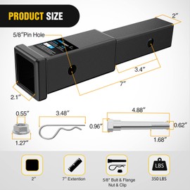 Nilight Nilight Trailer Hitch Extender 7 inch Extension Length Fits for 2" Receiver Tube with 5/8 inch Stainless Steel Bolt Flange Nut and Clip 3,500 lbs GTW Matte Black