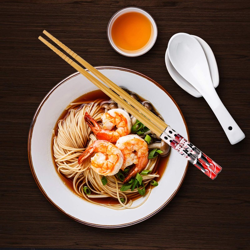5 Pairs Natural Reusable Bamboo Chopsticks with Fortune Cat Print,