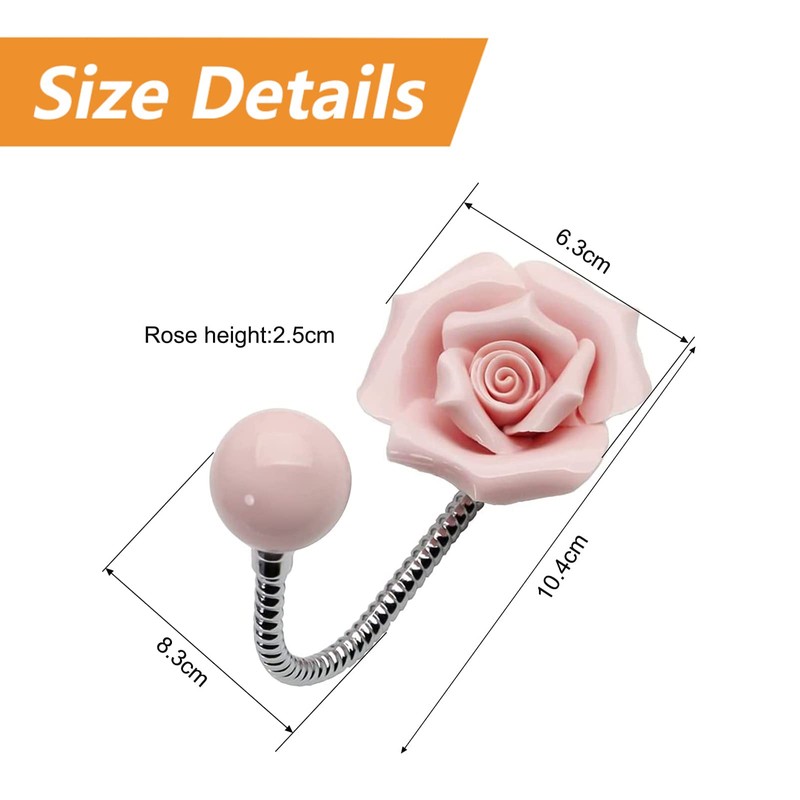 MOROBOR Pink Flower Ceramic Wall Coat Hook，4pcs 3D Rose-Shaped Chrome