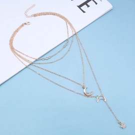 Inilbran Boho Layered Crescent Moon Necklace Gold CZ Star Y Lariat Necklace Vintage Crystal Moon Pendant Necklace Rhinestone Star Y Necklace Choker Jewellery for Women and Girls