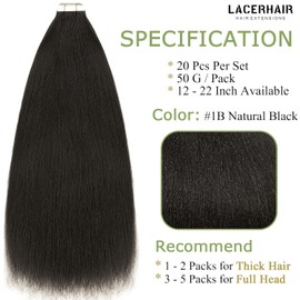 Lacer Yaki Straight Tape in Hair Extensions 40G 14 Inch Manageable Kinky Tape in Hair Extensions Human Hair Natural Black Unseamed Yaki Straight Extensions Human Hair Soft Seamless