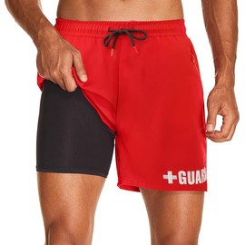 Guard Swim Trunks w/Compression Liner (Large, Red)