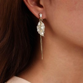 TseenYi Gold Leaf Earrings Studs Long Feather Leaves Earrings Boho Crystal Leafs Dangle Earrings Long Leaf Feather Drop Earrings Crystal Studs Jewelry for Women and Girls