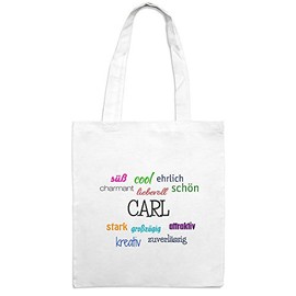 Jutebeutel mit Namen Carl - Motiv Positive Eigenschaften - Farbe weiß – Stoffbeutel, Jutesack, Hipster, Beutel