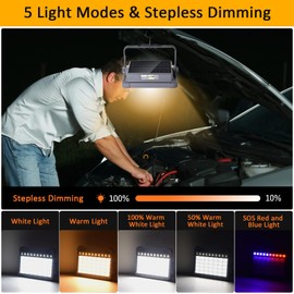 LED Baustrahler Akku 100W LED Strahler Akku 10000LM mit Solarpanel, Campinglampe Tragbar 5 Lichtmodi, Solar Arbeitsleuchte Ideal für Camping, Arbeit, Angeln, Garage