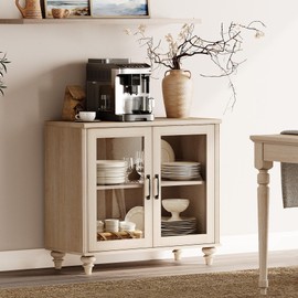 WAMPAT Buffet Cabinet with Glass Doors, Coffee Bar Table Wood Kitchen Storage Cabinets with Storage Cabinets & Adjustable Shelf, Modern Farmhouse Sideboard Credenza for Dining Room, Beige, 34 inch