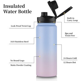 VQRRCKI 24 oz Insulated Water Bottle Bulk 4 Pack, Stainless Steel Sports Water Bottles with Straw Lid & Wide Mouth Lids, Double Walled Vacuum, Leak Proof, Pink Blue Gradient