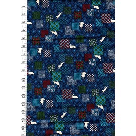 Japanese Novelty Sewing, Quilting Fabric - Kurenai Cat Colorful Patchwork with Asanoha - KW-12500-1A - Blue - by The Half Yard