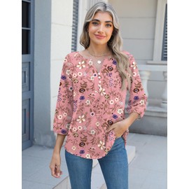Micoson Work Shirts for Women 3 4 Length Sleeve Womens Work Chiffon Tops Loose Fit Dressy V Neck Business Blouse Spring Fashion Pink Floral Tops XL