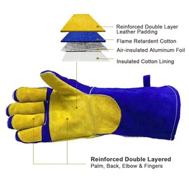 Welding Gloves Large 16 Inches 932℉ Heat Resistant Leather Forge/Mig/Stick Welding Gloves Heat/Fire Resistant Mitts for Oven/Grill/Fireplace/Furnace/Stove/Pot Holder/BBQ/Animal Handling