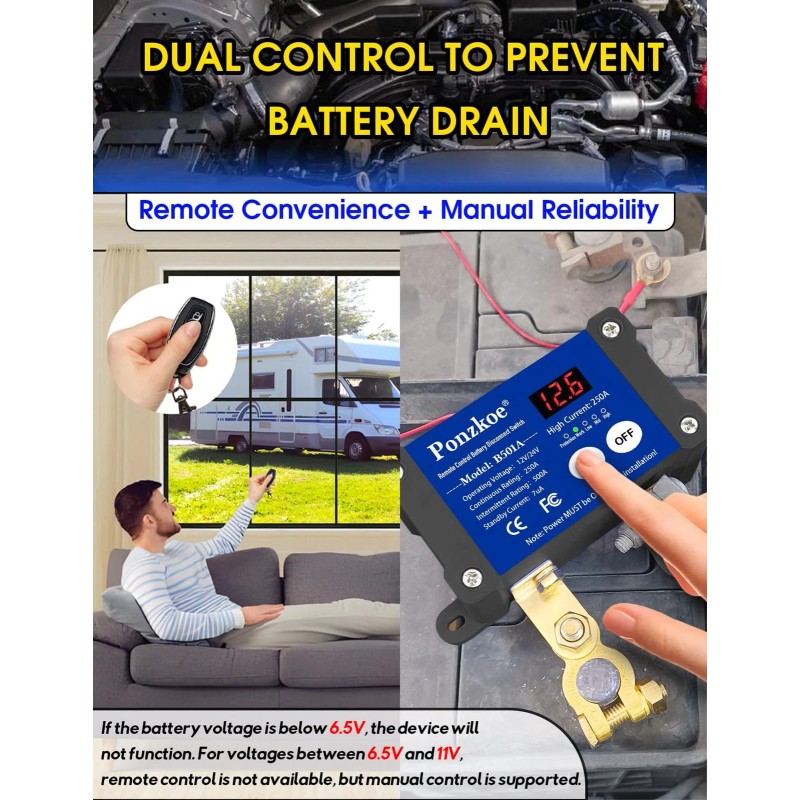 Ponzkoe 250A Smart Remote Kill Switch for Car - Battery