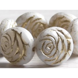 Czech 4 - 18mm CZECH OPAQUE BONE WHITE GOLD WASH CABBAGE ROSE FLOWER COIN DISC BEADS