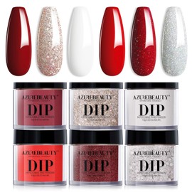 AZUREBEAUTY Dip Powder Nail Set, Christmas Red Burgundy Rose Berry Sparkle White Silver Glitter, 6 Colors Dipping Powder Starter Kit French Nail Art Manicure DIY Salon, No Need Nail Lamp Cured