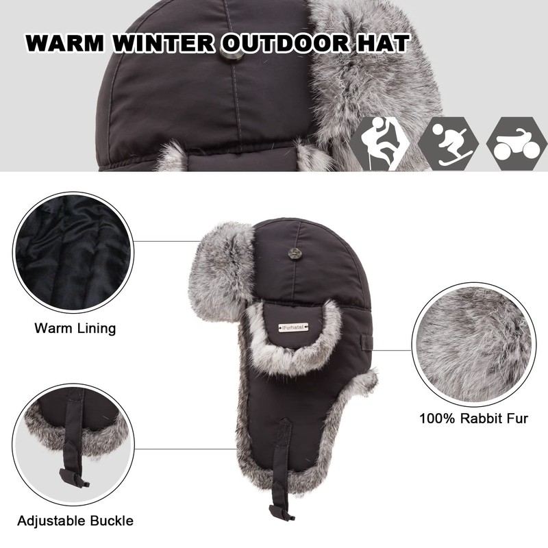 Winter Trapper Hat for Men Women 100% Real Rabbit Fur