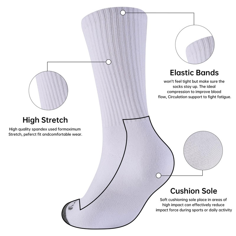 Mens 100% Cotton Moisture Wicking Cushioned Crew Socks, Athletic Performance