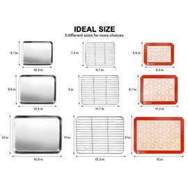 Stainless Steel Baking Sheet Tray Cooling Rack with Silicone Baking Mat Set, Cookie Pan with Cooling Rack, Set of 9 (3 Sheets + 3 Racks + 3 Mats), 10/12/16 Inch, Easy Clean