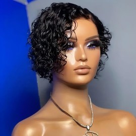 Sumcas Curly Lace Front Wig for Black Women Human Hair Short Bob Wig 13x4 Wavy Pixie Cut Lace Wig 1B Color 150% Density