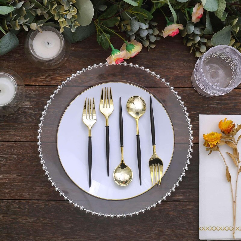 TABLECLOTHSFACTORY 24 Pack | 6" Gold/Black Premium Plastic Fork/Spoon Utensil