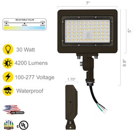 NUWATT 30W LED Flood Light, 3CCT 3000K/4000K/5000K Selectable, IP65 Waterproof Lighting, Adjustable Knuckle Mount, 4200LM, 0-10V Dimmable, 120-277V, Outdoor Security Floodlight for Yard, Bronze, UL