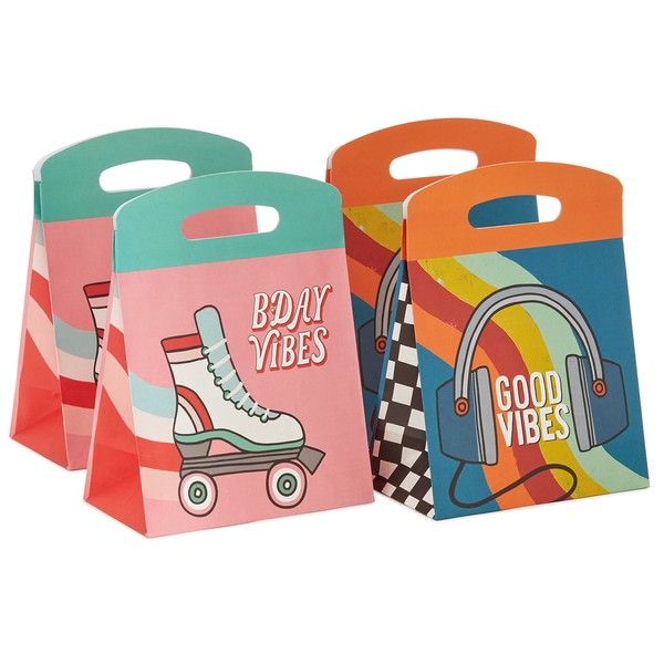 Hallmark Large Self-Sealing Gift Bags with Handles (4 Bags, 2 Designs: Good Vibes Headphones, Bday Vibes Roller Skates) for Kids, Birthdays, Teens