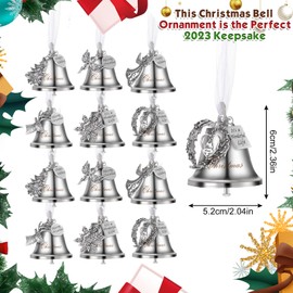 Jenaai 12 Set Christmas Bell Ornament Christmas Tree Hanging Ornament Best Wishes Bell Decorations with Ribbons Snowflake Angels Heart Deer Pendants(Silver)