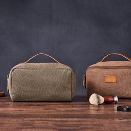 PAHVRION Canvas Toiletry Bag for Women with Genuine Leather Handle,Travel Dopp Kit,Shaving Kit Bag for Men,Water Resistant Hygiene Dopp Kit, Coffee, Non-customized