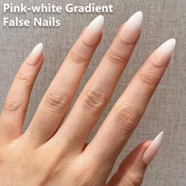 Gradient White Pink Ombre False Nails - 24Pcs Press on Nails Medium Almond - Full Cover French Almond Fake Nails with Glue - Glossy Acrylic Stick on Nail for Women Girls Nail Art DIY