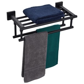 KOKOSIRI Bath Towel Rack with Double Towel Bars 16-Inch Bathroom Towel Shelves Towel Holder Wall Mounted Stainless Steel, Matte Black, B6005BK-L16