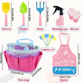 Kids Pink Gardening Tools Set, Garden Tools for Kids with Watering Can, Shovel, Rake, Gloves, Waterproof Apron with Pocket, Storage Bag and DIY Bookmark Gardening Kits Birthday Christmas Easter Gift