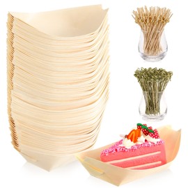 400 Pcs Disposable Bamboo Wooden Sushi Boat Plate Bamboo Cocktail Pick Set Include 200 Pcs 5" Bamboo Appetizer Plates Dishes Appetizer Serving Tray and 200 Bamboo Knot Skewers Gold Pearl Food Sticks