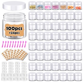 2 oz Plastic Containers with Lids 100pcs Plastic Jars with White Lids + 3/5/10 Gram 24pcs Sample Containers Travel Jar– Great for Lip Scrub, Body Butters, Cream, Lotion, Labels & Spatulas (124 Pack)
