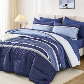 WONGS BEDDING Comforter Set Queen Size 7 Pieces,Navy Blue Striped Bed in a Bag Comforter and Sheet Set,Patchwork Soft Lightweight Micorfiber Bedding Set for All Seaon (90"×90")