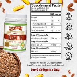 Barlean's Vegan Flaxseed Oil Supplements, Cold-Pressed Flax Seed Supplement Softgels with 1650 mg ALA Fatty Acids, 100 Count