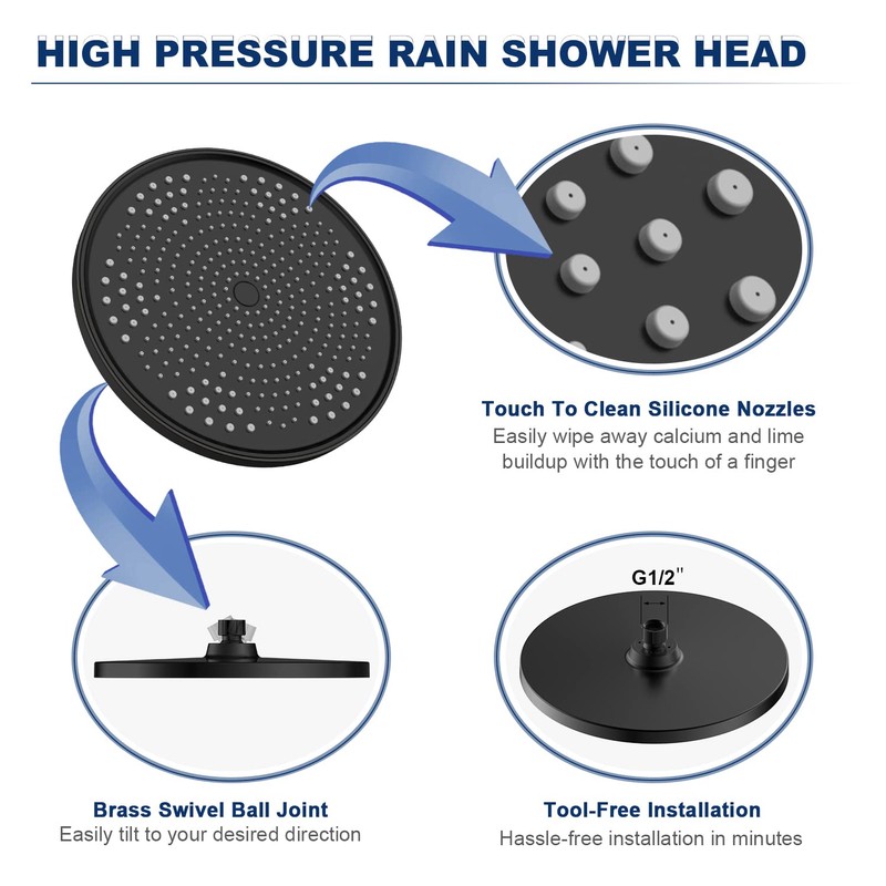 Rain Shower Head 26CM Rainfall Shower Head Overhead Replacement, Fixed