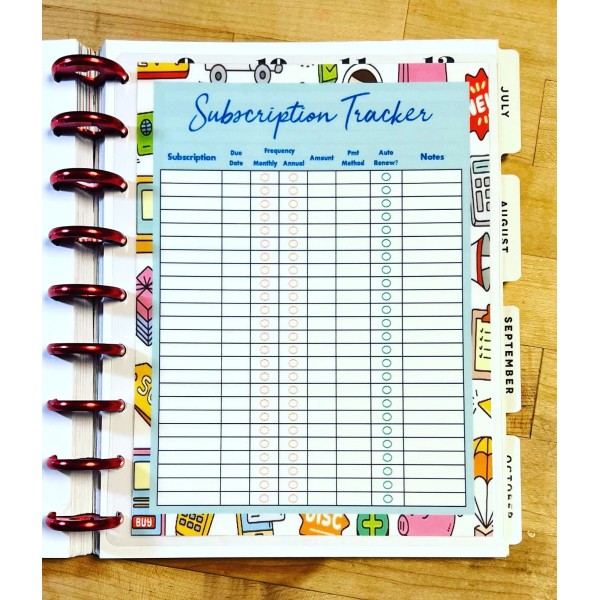 Handmade Subscription Account Tracker Dashboard Insert 4 use with HAPPY