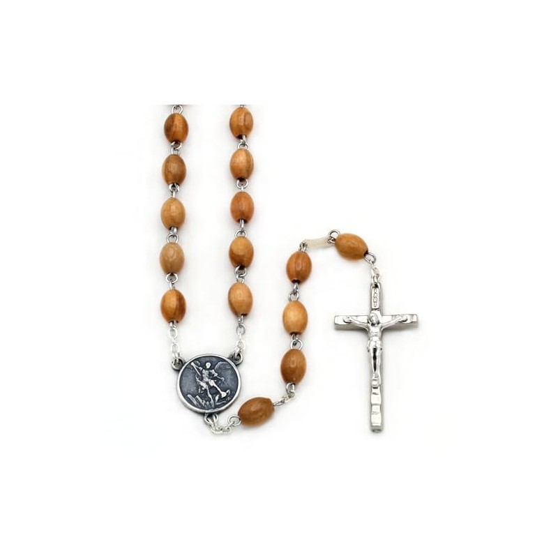 St. Michael Medal Rosary Olive Wood Beads Metal Crucifix