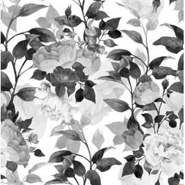 AROMMO Black and White Floral Peel and Stick Wallpaper Self Adhesive Removable Vinyl Flower Contact Paper for Decorative Bedroom Home Wall (17.7"x118.1")